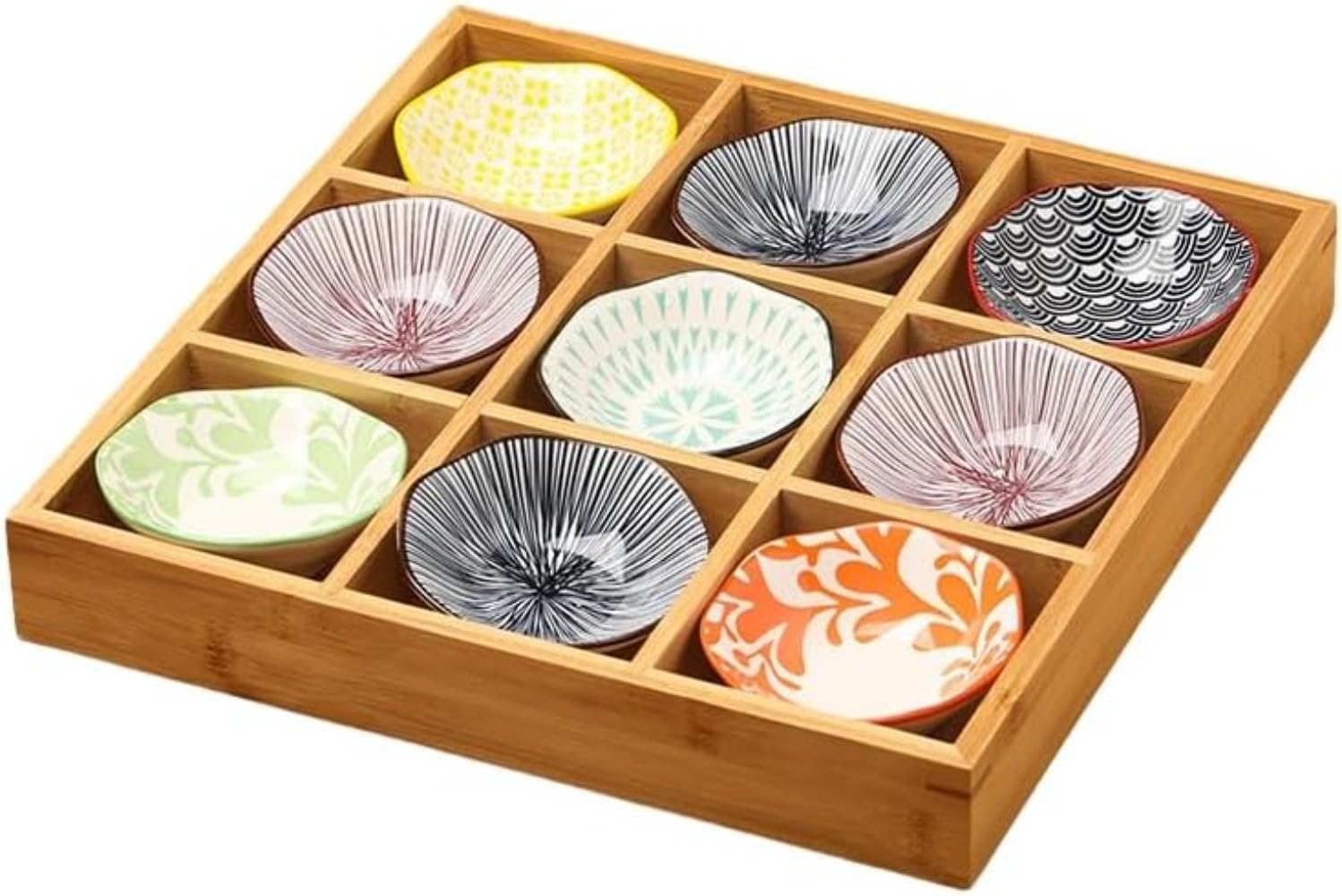 お皿 小皿セット和風 小皿セット 竹トレイ 陶器 前菜皿 盛り鉢 深型 仕切り付き 天然木 9点セット小鉢 醤油皿 前菜皿 盛り鉢 和食器 セラミック アイスクリーム ソース皿 火鍋 焼肉屋 寿司屋 食洗機 (竹製9グリッド,A)