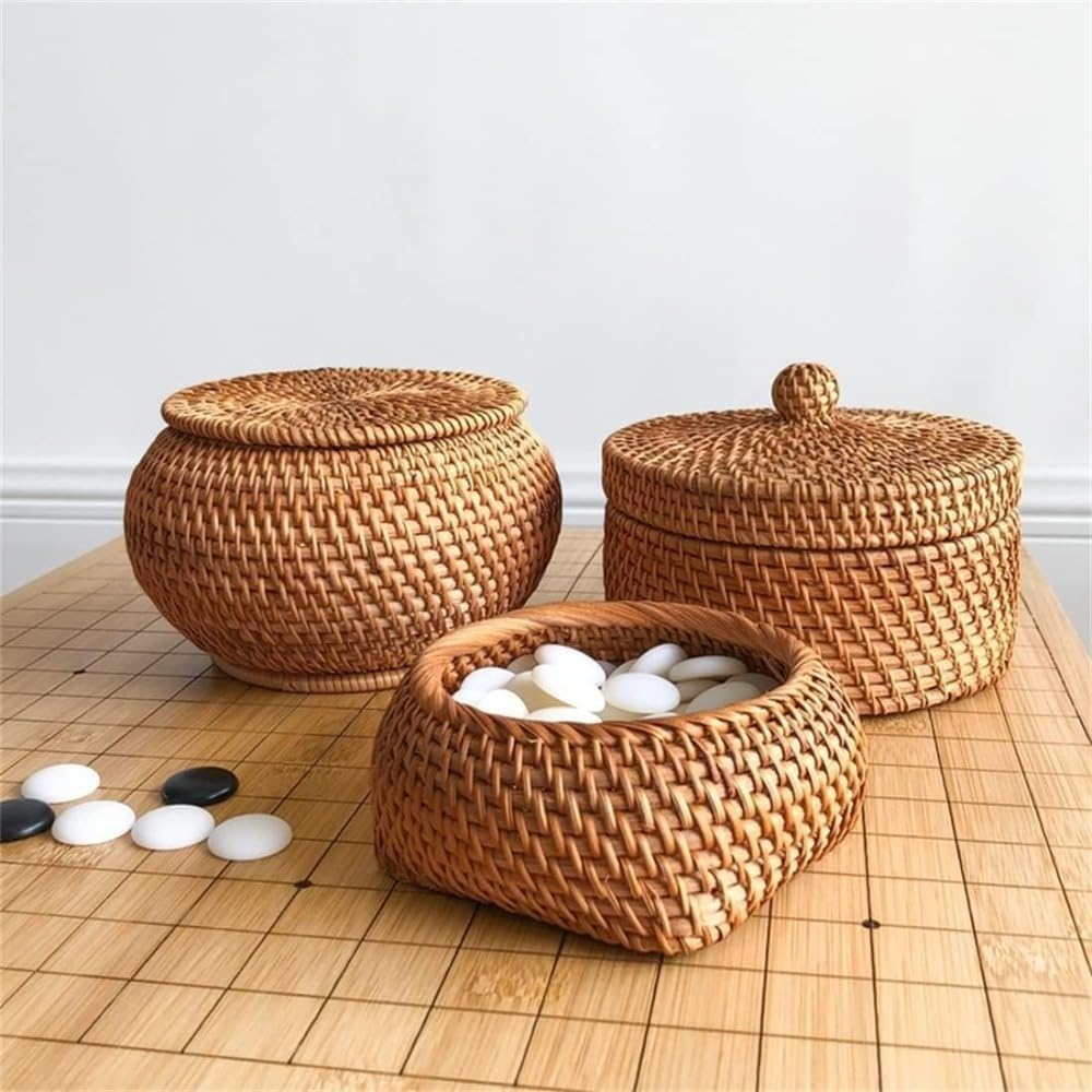 収納かご 籐製品 ふた付き 雑貨かご 収納バスケット 手編み 天然素材 藤編み 卓上収納 小物入れ おしゃれ フルーツバスケット 雑貨収納 囲碁収納 かご 可愛い 田園風 整理箱 (D) []｜BSマーケット