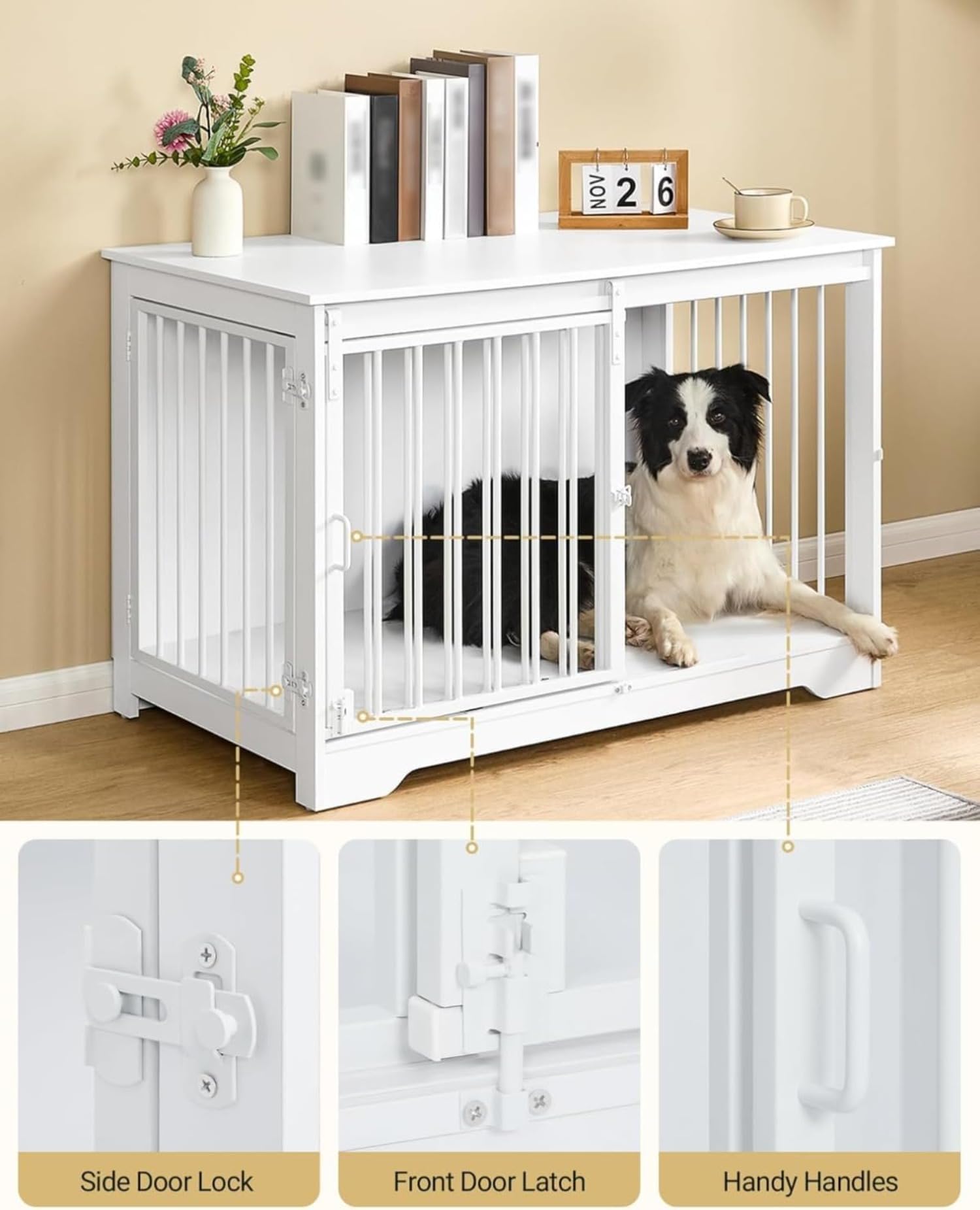 100cm 木製 犬用クレートファニチュア ダブルドア付き バーンドア エンドサイドテーブル付き 小型中型大型犬 アンチチュー アンチエスケー (ホワイト)|BSマーケット