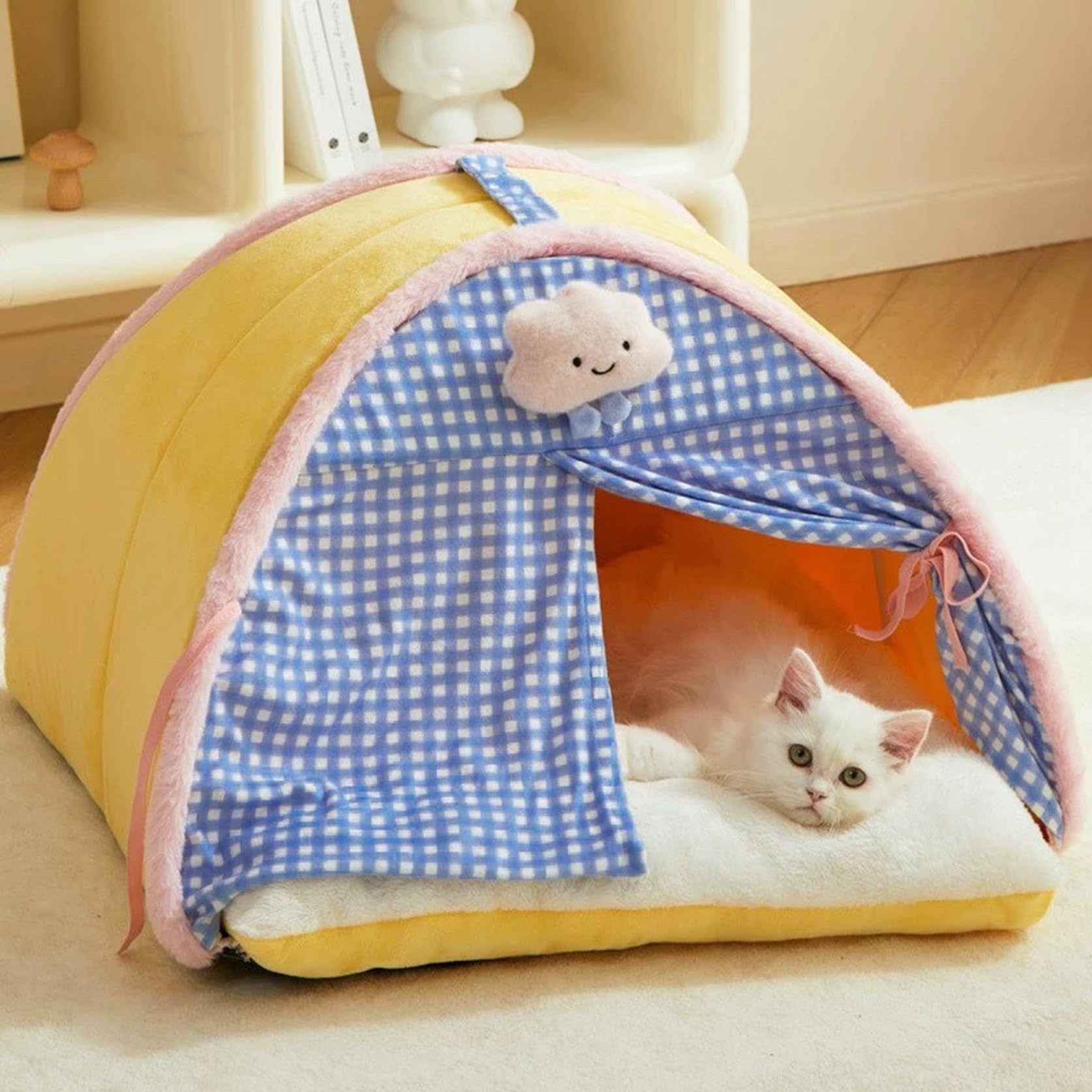 犬 ペットドーム ペットハウス ベッド 猫 快適 ストレス解消 暖簾 取っ手付き クッション付き 半密閉式 ドーム型 昼寝 秋冬 滑り止め 暖かい おしゃれ 可愛い ペット犬 フワフワ 通年 S-32*32*25cm (S-32*32*25cm,イエロー)