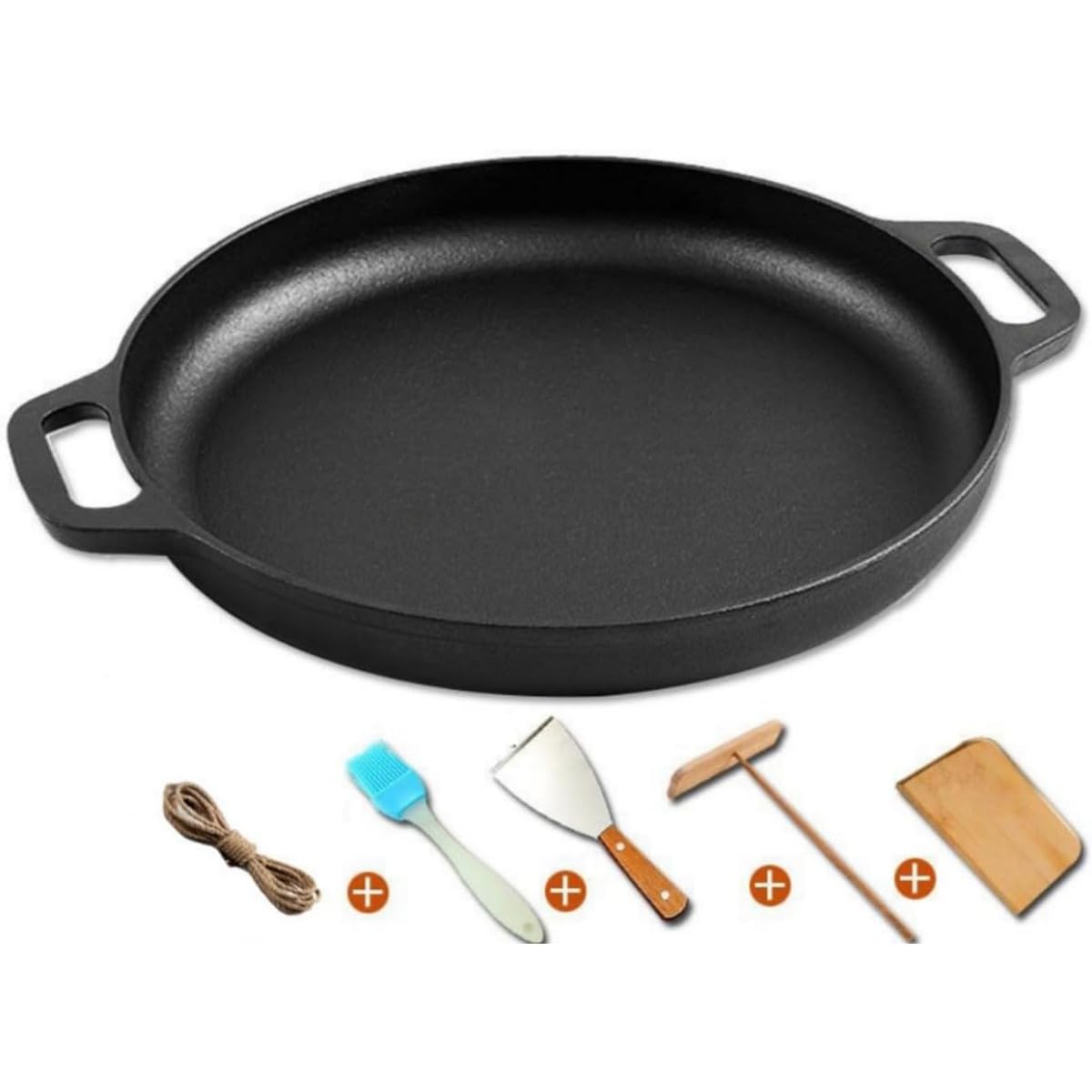 鉄板 フライパン バーベキュープレート マルチグリドル 焼肉プレート 丸型 鋳鉄製 アウトドア グリルバーベキ お手入れ簡単 アウトドア 家庭用 厚手の鋳鉄を使用鉄板で、お料理をもっとおいしく (なべの頭+ふた+麻縄,35cm) []｜BSマーケット