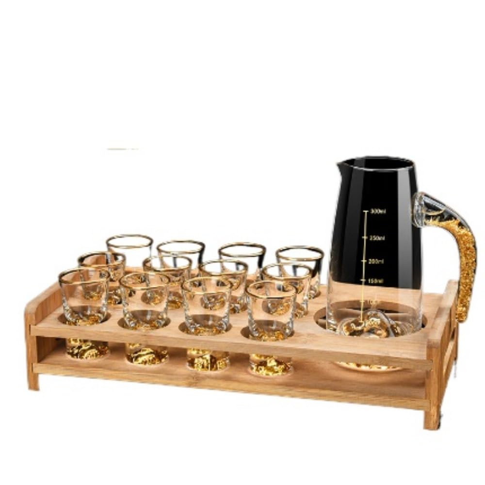 酒杯仕掛ける 瑠璃製 無鉛瑠璃原材料 分 注器 目盛り付き添い人 ワンショットグラス 酒壺、水飲みと竹製の棚が押し並べて型、底部が厚く、耐久性があり、注酒時にこぼれにくく、寄りあい、身寄りでの召しあがる会、泊まりに適しています (E,とうめい)