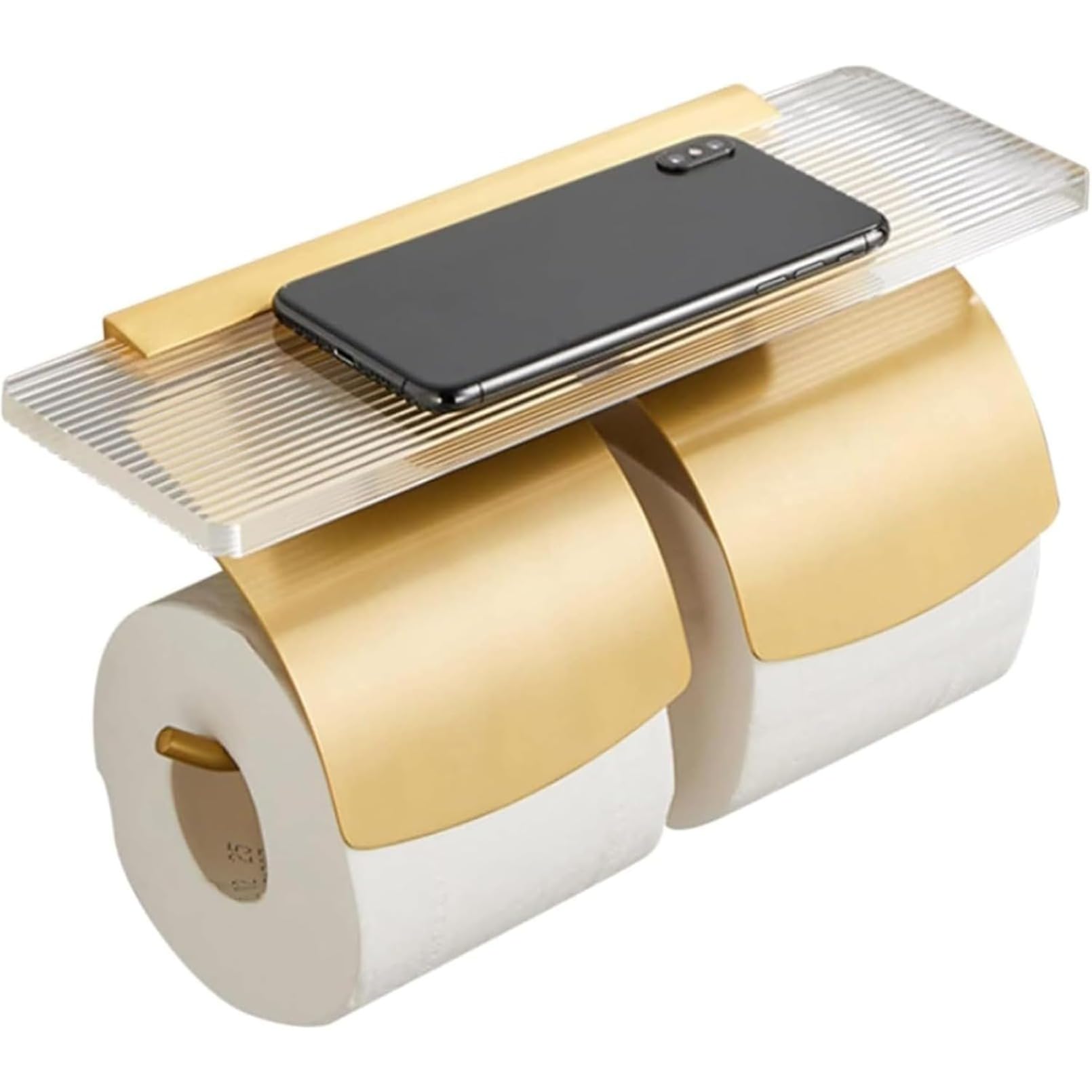 トイレットペーパーホルダー 棚付きトイレットペーパーホルダー フタ付きトイレットペーパーホルダー 穴あきロールホルダーなし 自己吸着式壁掛けスペース アルミ/アクリル製トイレットペーパーホルダー (B,ゴールド)