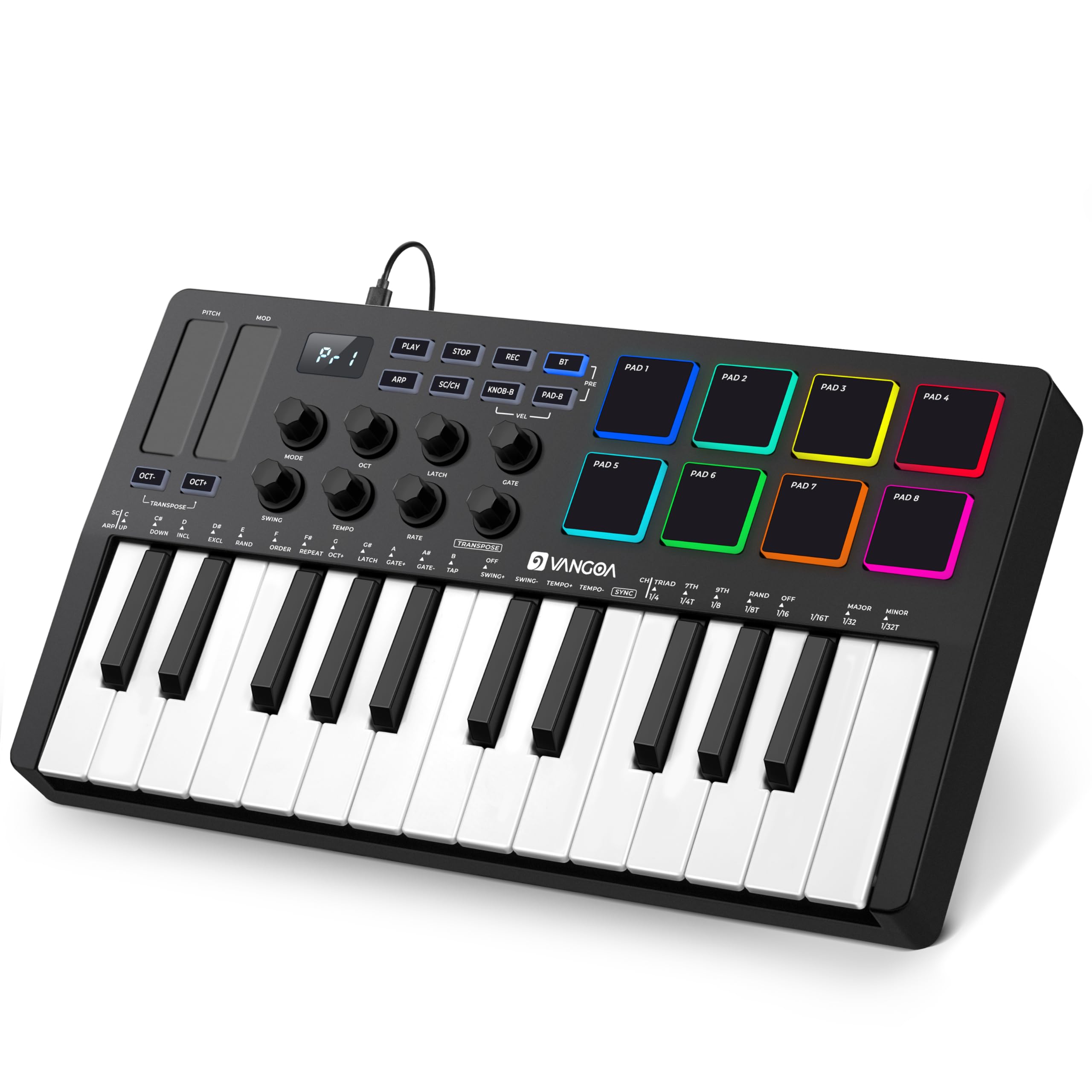 25キーミディキーボードコントローラー、ミニポータブルビートメーカーマシン、バックライトドラムパッド付き、8ノック、音楽制作用8ビートパッド、速度感知、ディスプレイ、アルペジエーター、ブラック|BSマーケット