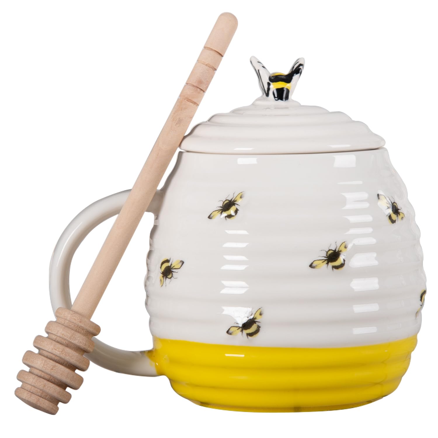 ハチミツポットとドリズラー セラミックハニージャー ディッパー付き - 磁器製ハニーストレージジャー 蜂の巣デザイン 蓋付き 家庭やキッチン用｜BSマーケット