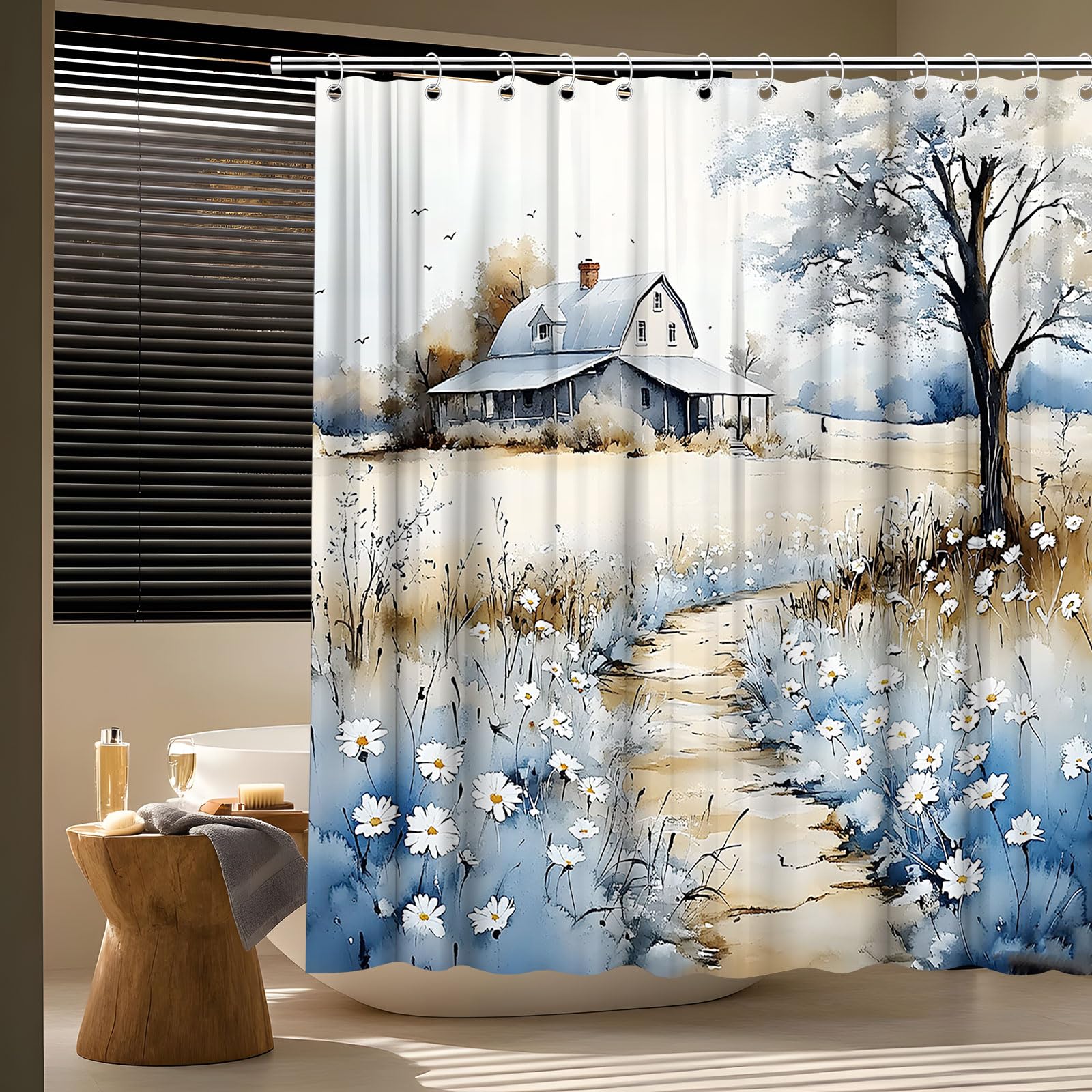 ヴィンテージ 素朴な納屋 シャワーカーテン ファームハウス ブルー ホワイト デイジー 花 山 水彩 自然 風景 田舎 風景 バスカーテン ファブリック バスルーム アクセサリー 装飾 フック付き 70 70|BSマーケット