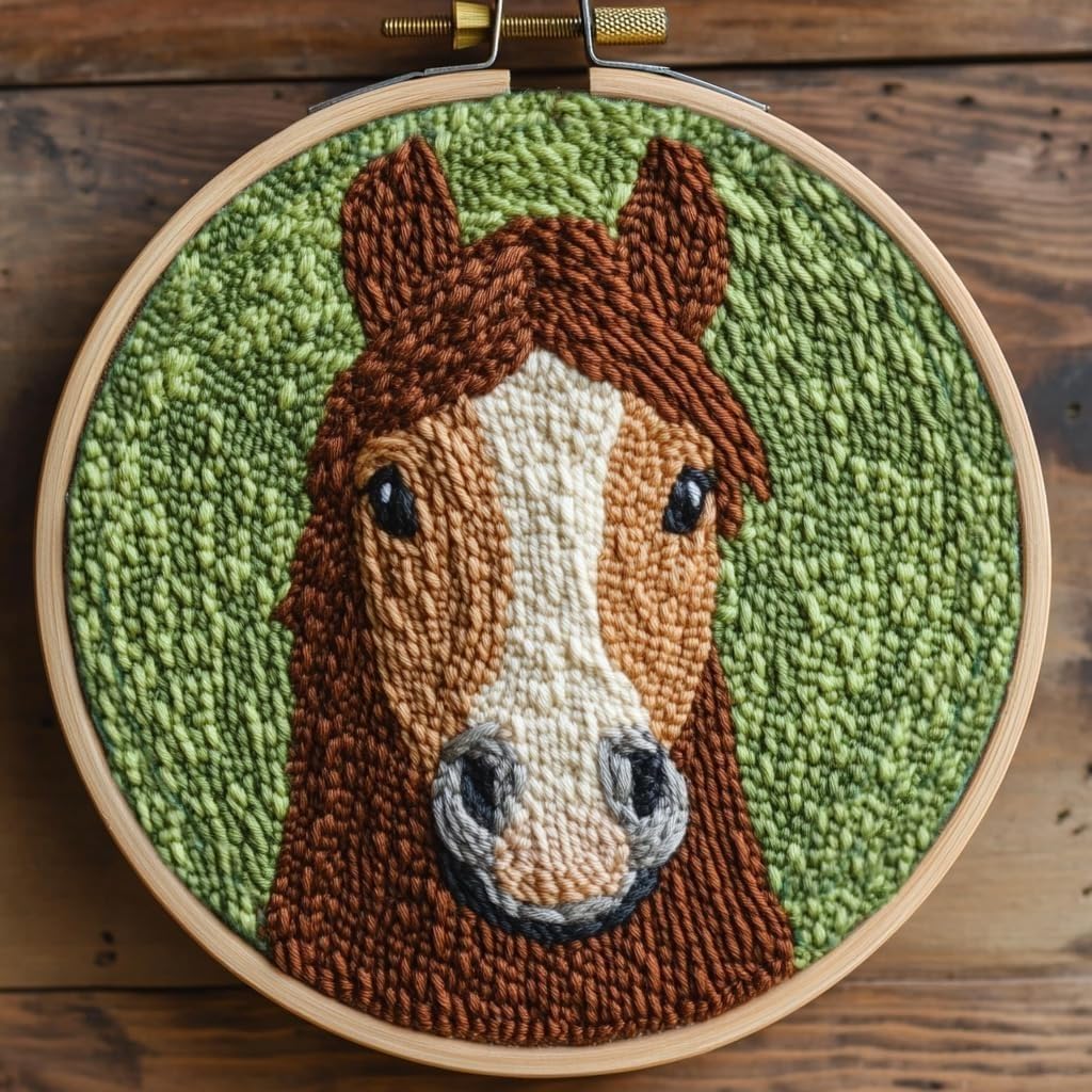 パンチニードルキット 初心者用 ブラウンホース フープ刺繍パンチニードルスタータークラフトセット 大人と子供に簡単 フェスティバルギフトと装飾 2020-2｜BSマーケット