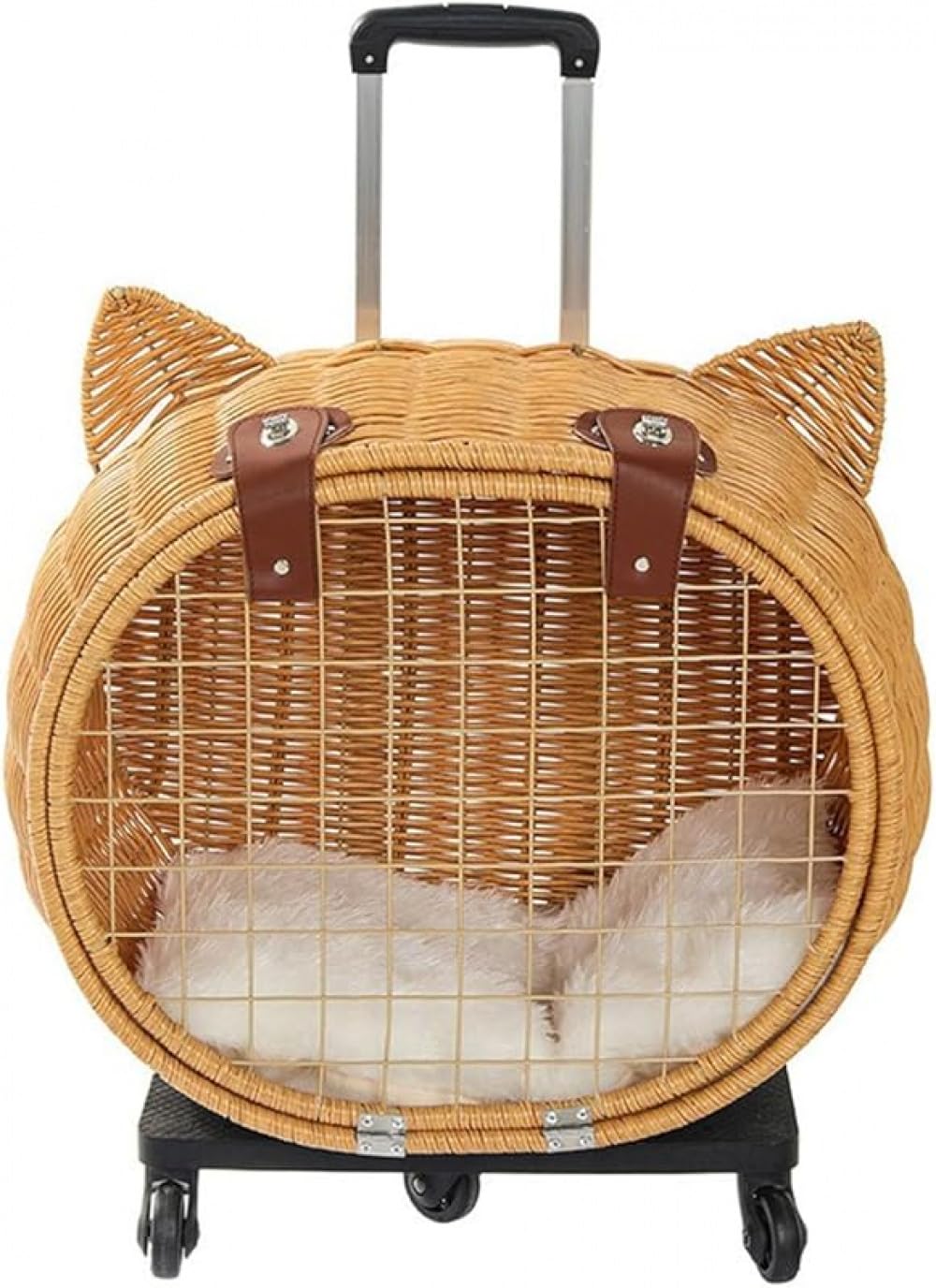 藤製ペットキャリーバッグ 折りたたみ式 キャスター付き 猫・小型犬用 ドライブ・旅行・病院・防災避難用 通気性良好 リュック機能付き?｜BSマーケット