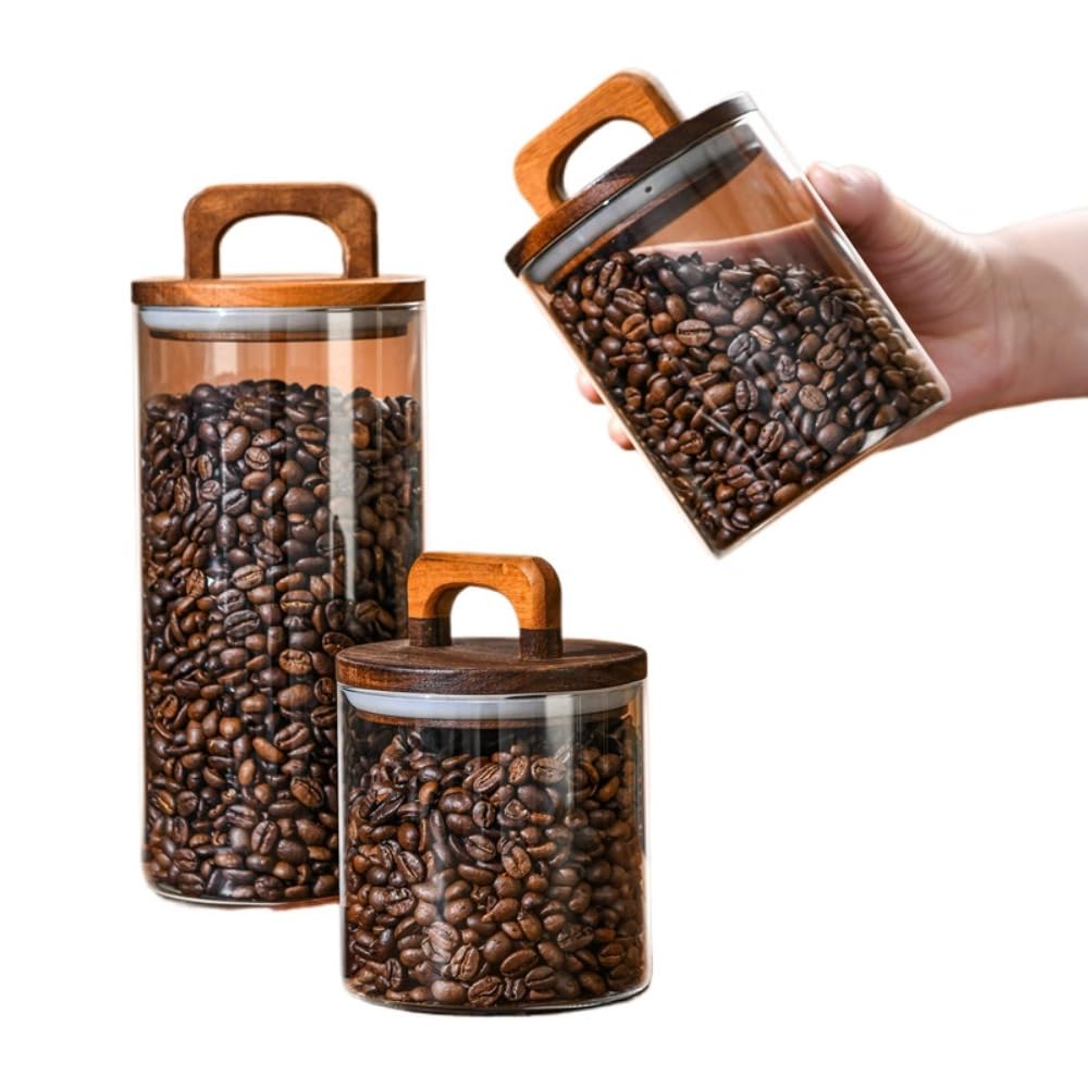 コーヒー豆 キャニスター ガラス 密閉 保存容器 真空 密封瓶 食品 茶葉入れ 粉 穀物 小麦粉 竹蓋付き 湿気防止 3個セット (1000*3) [] (2150*3)｜BSマーケット