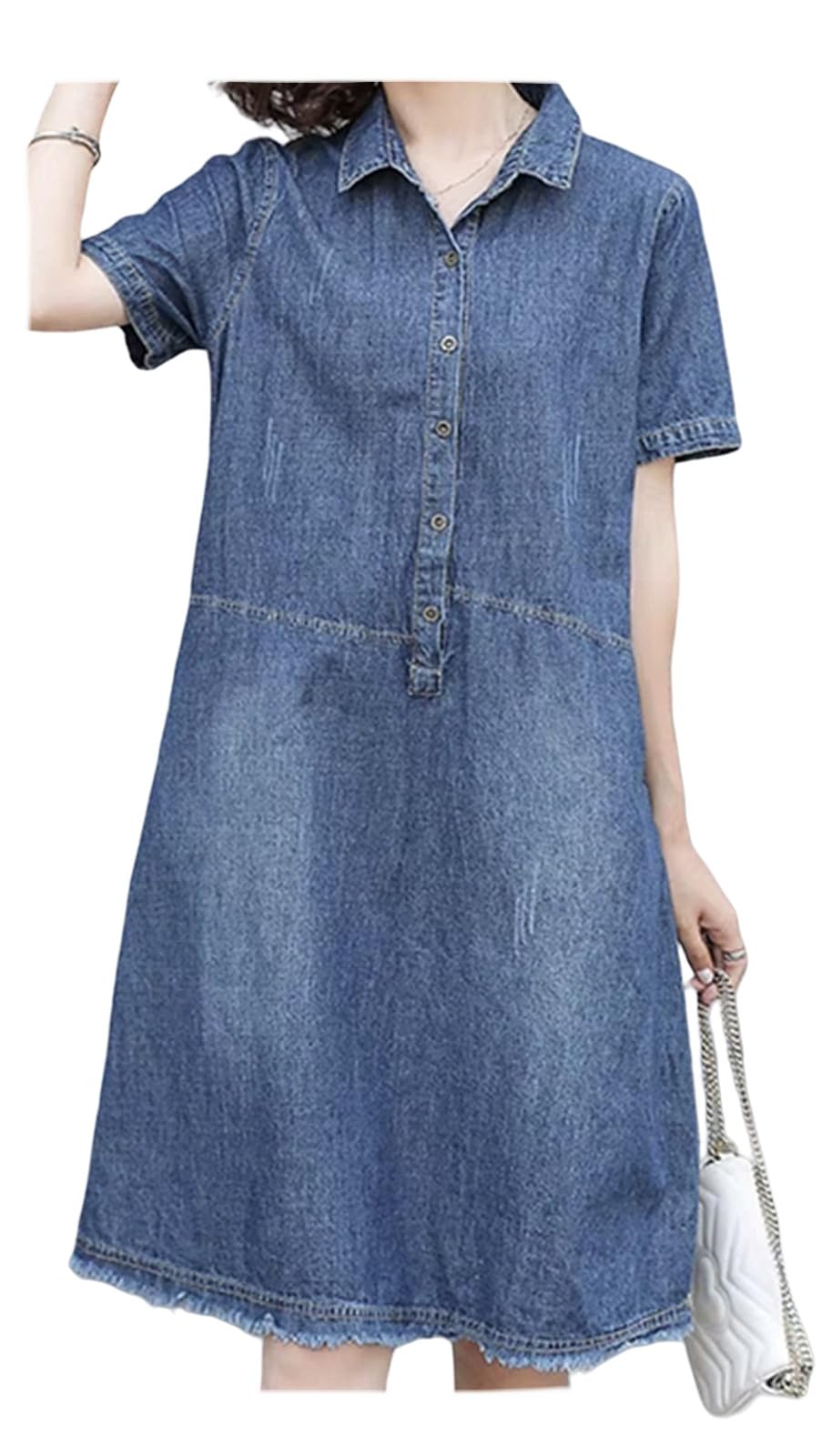 [] ジーンズ衣装 衣装レディース 半袖衣装 プルオーバー衣装 真っただ中丈衣装 夏服 無地 ラペル ゆったり 薄っぺら もの柔らか 体型 押しかぶせる 亭主もち用 流行り物 心地好い 分かりやすい 通い 通学 事務所 日常着 春 夏 日用品雑貨・文房具・手芸-その他