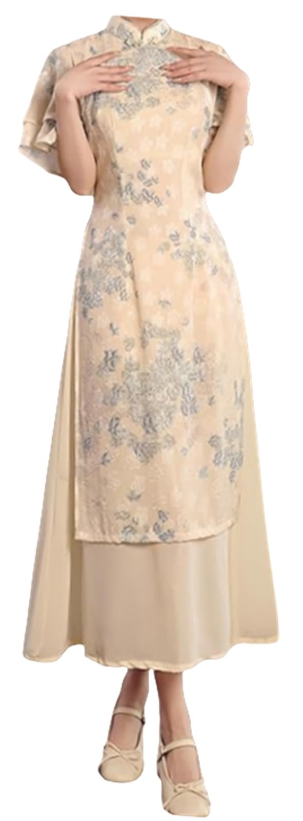 [ ] 瀬戸もの服 ロングチャイナドレス 瀬戸もの御召しもの 組み換えるされた御召しもの 漢服 ロング御召しもの 寄りあい御召しもの フラウンス袖 半袖 スタンドアップカラー ご機嫌酉の方角 今めかしい 民族風 返り咲き 心ゆかしい 寄りあい 二次会 交歓会