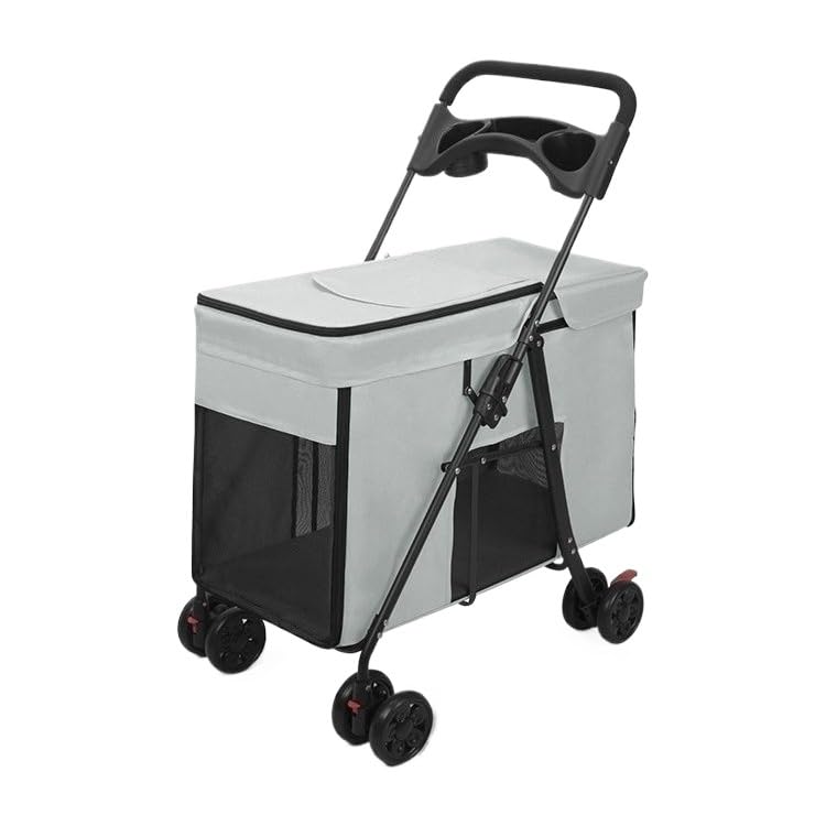 大型犬用ペットカート 折りたたみ式 オンライン外出用 ペット車 中型~大型ペット専用 大空間設計 前後両開きドア 通気窓付き 加幅広め 75×95×49 淡ピンク/銀灰色|BSマーケット