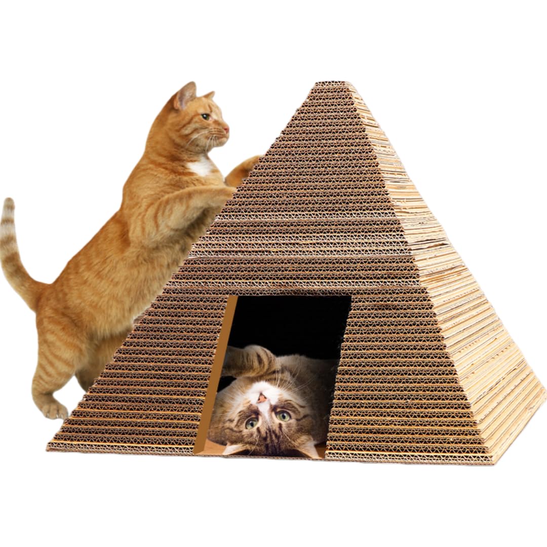 猫ハウス 爪とぎ 兼用 ピラミッド型 段ボール ベッド おもちゃ 一体型 高密度 省スペース 48×48×40 家具破壊防止 (ブラウン)|BSマーケット
