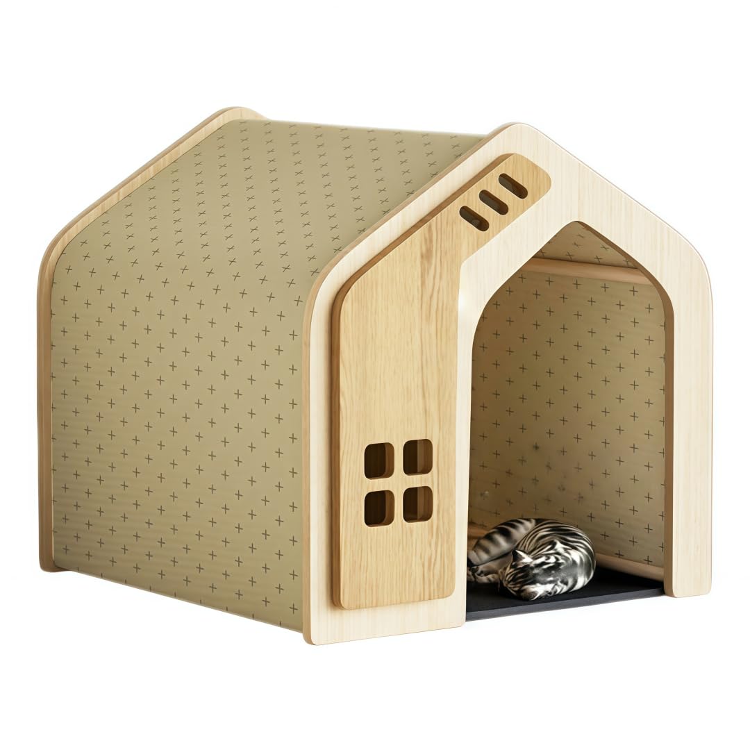 ペットハウス 犬小屋 猫ハウス 実木製 無垢材 多層無垢木材使用 四季通用 換気性 組立簡単 おしゃれ 室内 屋外兼用 中小型犬用 猫用 犬 猫 兼用 洗えるクッション付き 天然木 防水 防風 犬舎 ペットベッド (ナチュラル,)｜BSマーケット