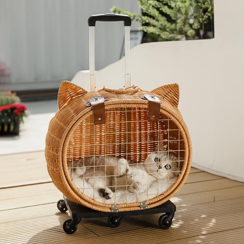 この籐製のペット用リュックはキャスター付きで、猫、犬、小型犬に最適です。折りたたみ式で取り外し可能なキャスター付きなので、ドライブや旅行にも最適で、ペットとの外出が楽になります。｜BSマーケット