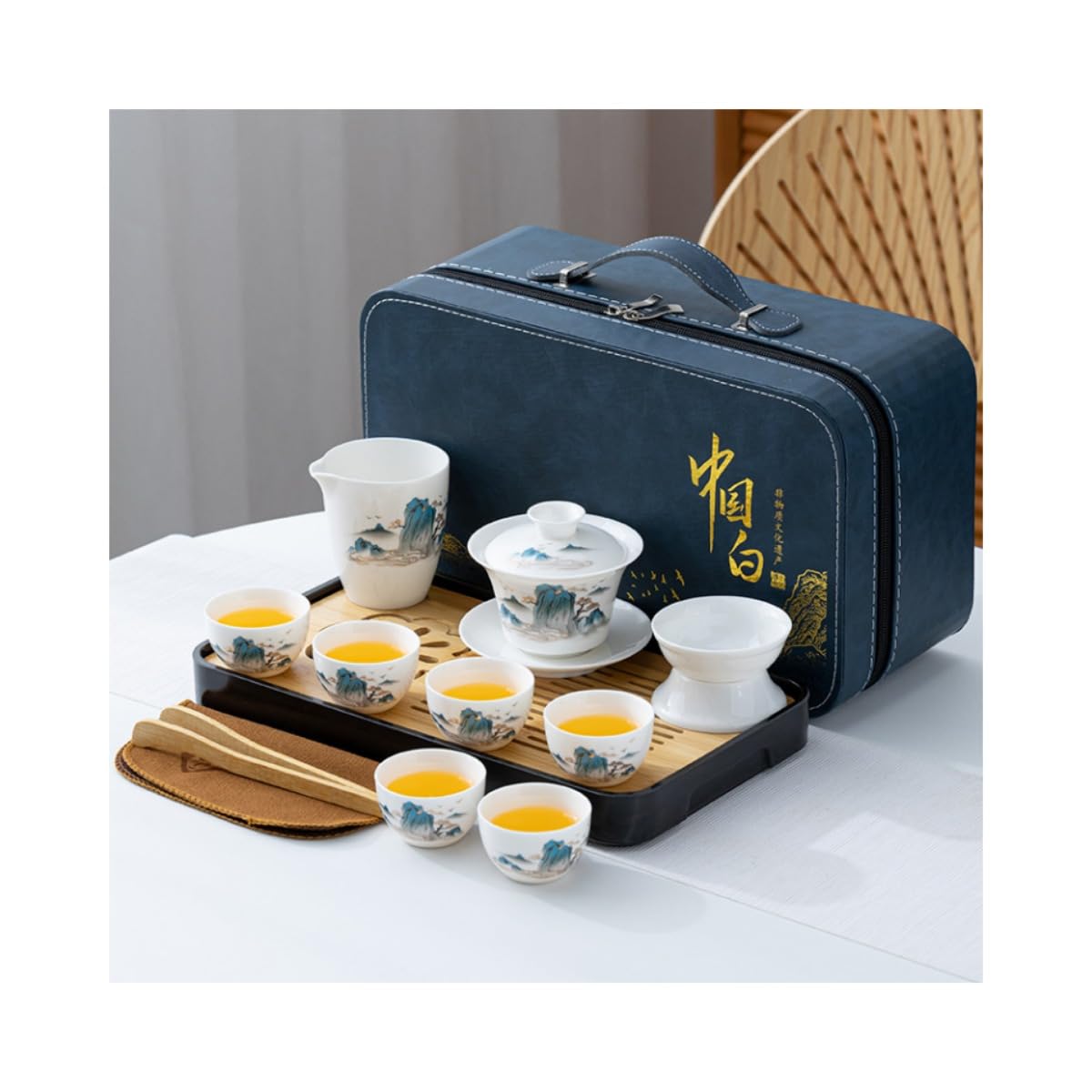 陶器製ティーセット 番茶器セット 急須 湯呑みセット 陶磁茶具セット 茶器 茶皿 旅行ティーセット 中国茶セット エレガント外観 収納便利(ブルーバッグ)|BSマーケット