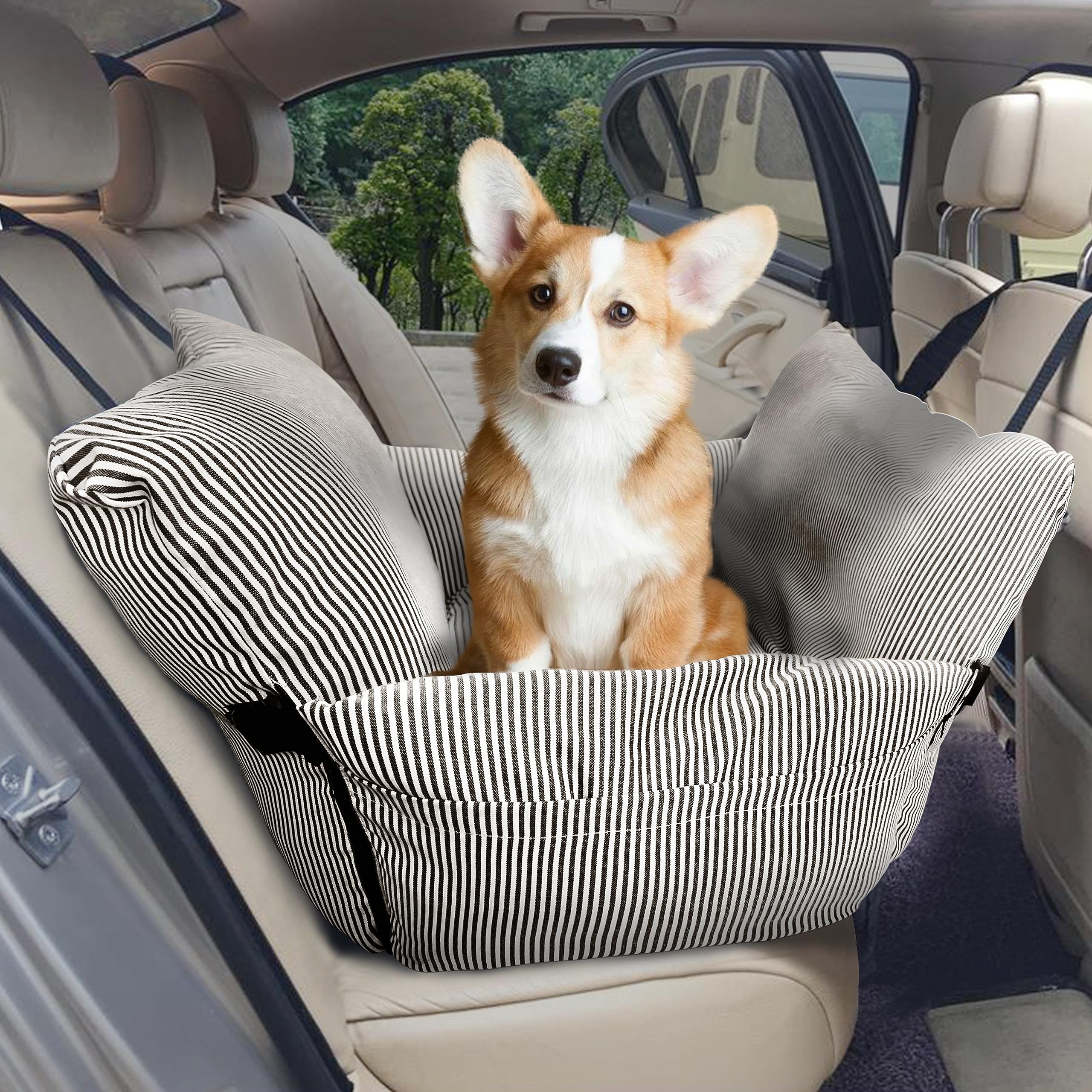 犬用ブースター カーシート 犬 車 ドライブボックスペット用 ドライブシート犬用ブースターシート ソフトベッド 車＆家庭用二重使用 ポータブル安全旅行キャリア ペットシートベルト付き 中型犬, ブラウンストライプ 765240｜BSマーケット