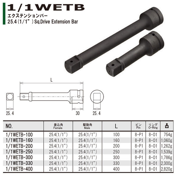 FPCエクステンションバー差込角駆動角25.4mm(1/1)全長330mmインパクト用延長延長棒延長バー閉所奥深い狭い届かない回す締める緩める外す脱着ボルトナット建築機械鉄骨メンテナンスエアー設備自動車整備日本製1/1WETB-330フラッシュツール