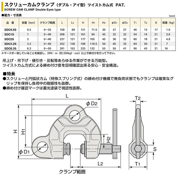 スーパーツール スクリューカムクランプ ダブルアイ型 ツイストカム式 容量 3.2t クランプ範囲 0~40 吊上げ 吊下げ 横引き 反転 万能型クランプ 円弧状カム 特殊スプリング式 蓄光塗装 目視確認可能 安全構造 SDC-3.2S SUPERTOOL|作業工具の専門店Queen-Bee