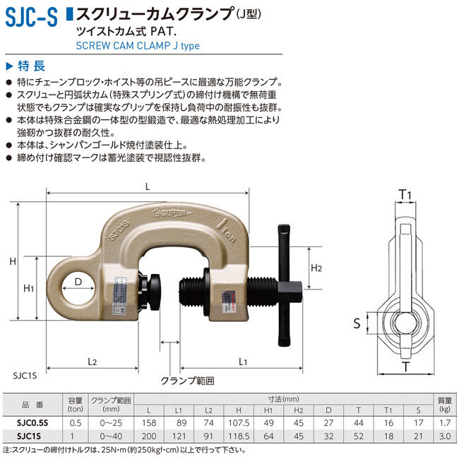 限定特価 スーパーツール ツイストカム式スクリューカムクランプJ型 1t 0~40mm対応 NETIS登録品 吊りピース チェーンブロック ホイスト  日本製 SJC-1S SUPERTOOL fucoa.cl