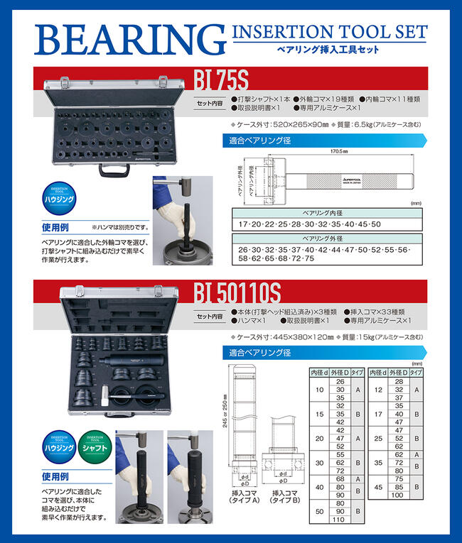 スーパーツール スチール製ベアリング挿入工具セット ハウジング用 シャフト用 打撃シャフト 挿入コマ33種類 ベアリング取り付け ハンマー付 ギヤプーラー 産業機械 メンテナンス 修理 専用メタルケース付き 鉄製 打ち込み 叩き込み 治具 Bi5011os Supertool