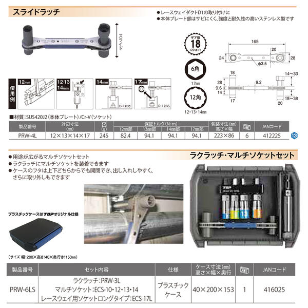 楽天市場 トップ工業 4サイズ 板型ラチェットレンチ ラクラッチ レースウェイソケット付きセット 8mm 10mm 12mm 13mm 17mm 電気 工事 ロングソケット 日本製 ステンレスボディ 軽量 頑丈 ケーブルラック 配管バンド回し 電路支持金具 ラッチ 工具 変圧器 アース線 電工