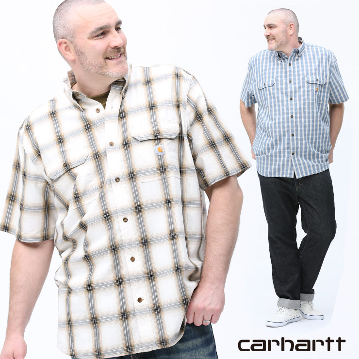 半袖 シャツ 大きいサイズ メンズ ボタンダウン ルーズフィット チェックシャツ ワークシャツ ベージュ ブルー 2xl 4xl Carhartt カーハート Kuechen Ly