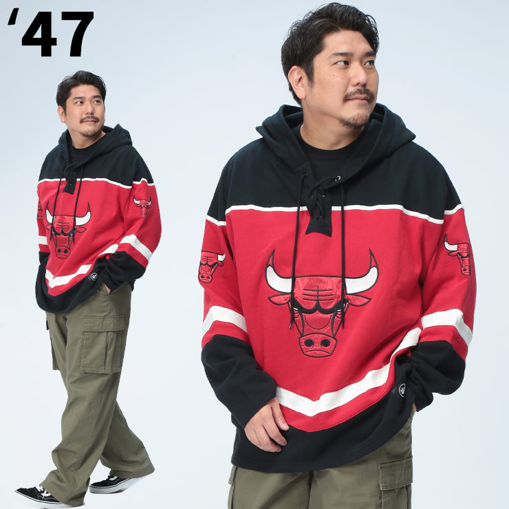 47 フォーティセブン プルオーバー パーカー 大きいサイズ メンズ 裏起毛 NBA CHICAGO BULLS ロゴ トップス フード 起毛 秋冬 2XL 3XL レッド