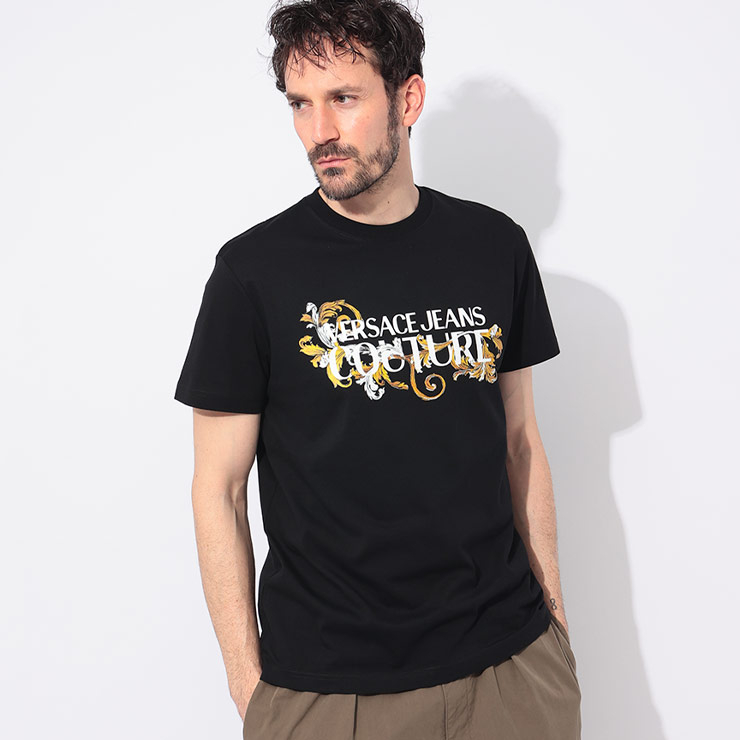 VERSACE ブラック Tシャツ　刺繍 Versace Girl's Logo Rhinestone Embellished Tee Black/gold