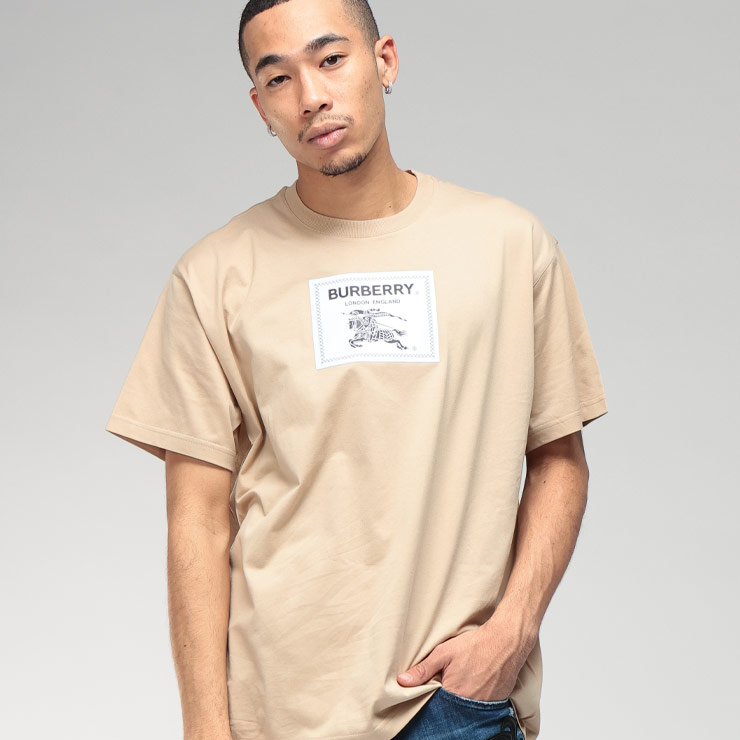 バーバリー Tシャツ メンズ BURBERRY フロント ロゴ ラベル プリント エクストリアン ナイト クルーネック 半袖 コットン Tシャツ BBB8068500 ブランド トップス ベージュ｜大きいサイズのサカゼン