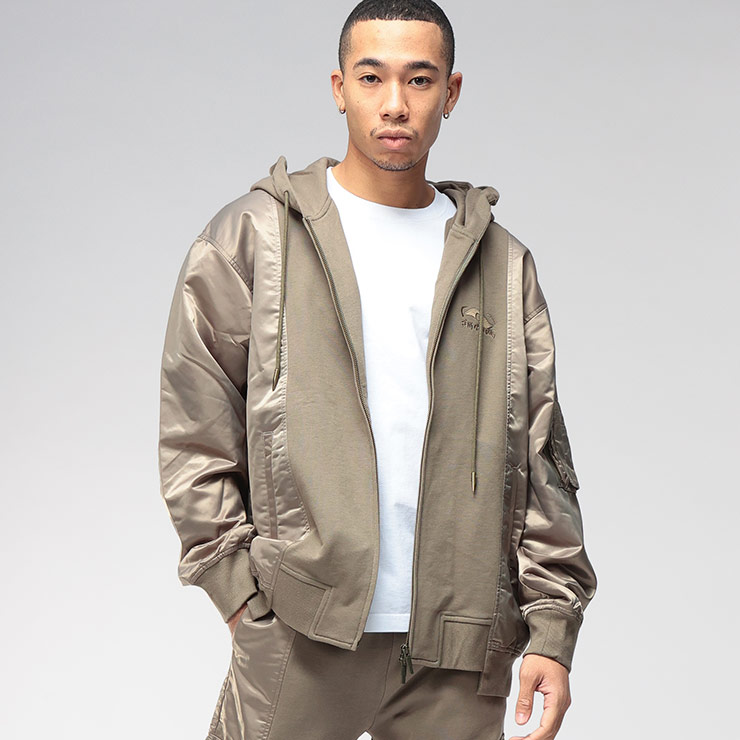 フェン・チェン・ワン パーカー メンズ Feng Chen Wang スウェット ナイロン 切り替え ジップパーカー DECONSTRUCTED デコンストラクテッド FCWFUF20HD09G ブランド トップス カーキ セットアップ可