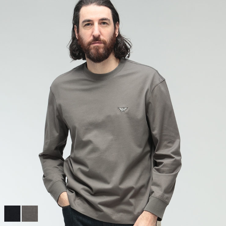 エンポリオアルマーニ ロンT メンズ EMPORIO ARMANI ロゴ ワンポイント クルーネック 長袖 コットン Tシャツ EAM5362AF13669 ブランド トップス ブラック カーキ|大きいサイズのサカゼン