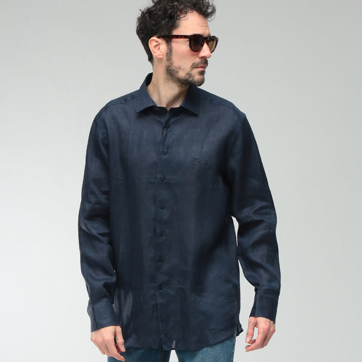 エトロ メンズ シャツ 長袖 ETRO 麻100％ ワンポイント ロゴ リネン カジュアル シャツ ETMRIB0299TU3F3 ブランド トップス レッド ネイビー｜大きいサイズのサカゼン