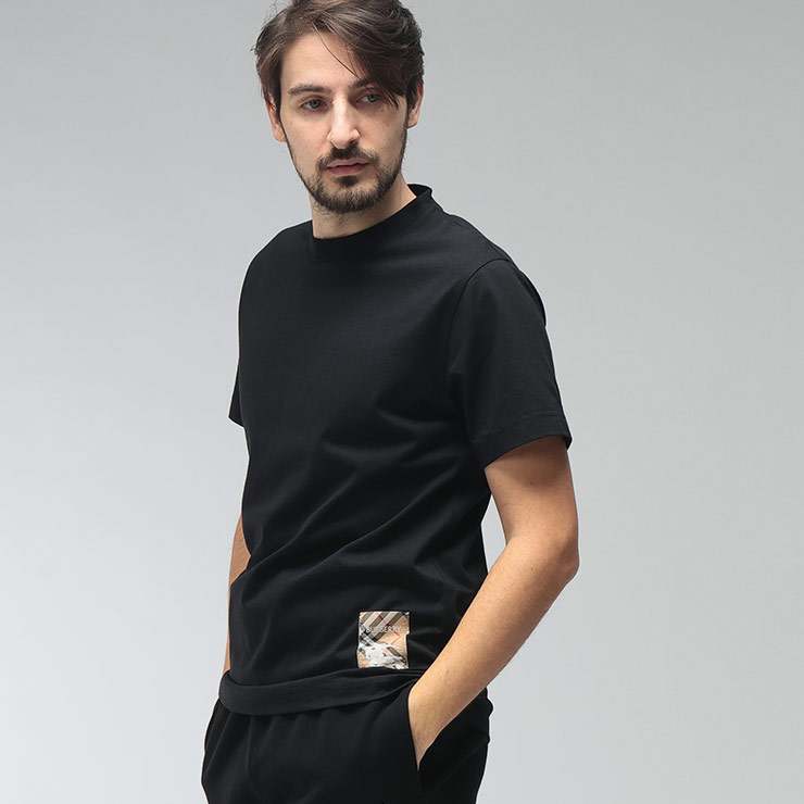 バーバリー メンズ Tシャツ 半袖 BURBERRY ロゴ チェック ラベル クルーネックTシャツ BB81048891 ブランド トップス ブラック