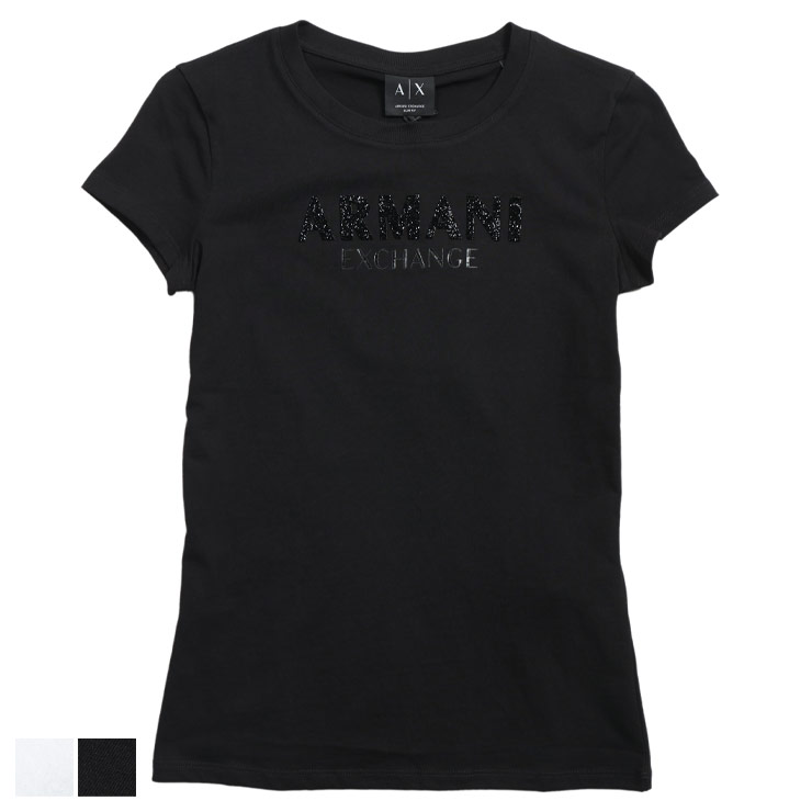アルマーニ エクスチェンジ レディース Tシャツ 半袖 ARMANI EXCHANGE ロゴ ラインストーン クルーネック Tシャツ AELXW2106 ブランド トップス ホワイト ブラック|大きいサイズのサカゼン