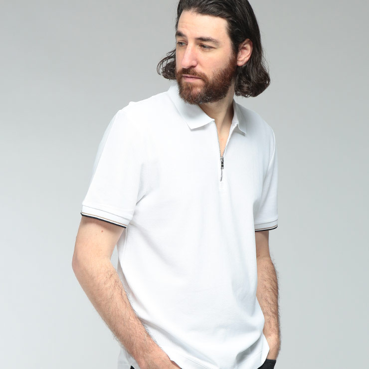 ヒューゴボス メンズ ポロシャツ 半袖 HUGO BOSS 袖ライン ハーフジップ ポロシャツ HB50555108 ブランド トップス ホワイト
