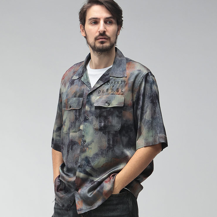 ディーゼル メンズ シャツ 半袖 DIESEL ロゴ カモフラージュ タイダイ柄 ポケット オープンカラー シャツ DSA218800DMBN ブランド トップス 迷彩｜大きいサイズのサカゼン