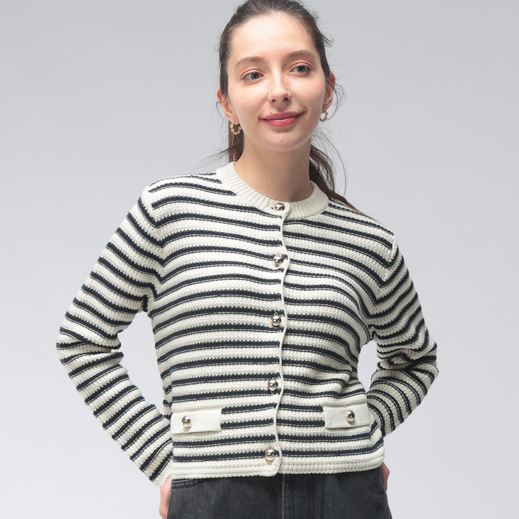 マックスマーラ レディース カーディガン 長袖 MAX MARA ボーダー クルーネック コットン ニット VODKA ウォッカ MXLVODKA6 ブランド トップス ホワイト