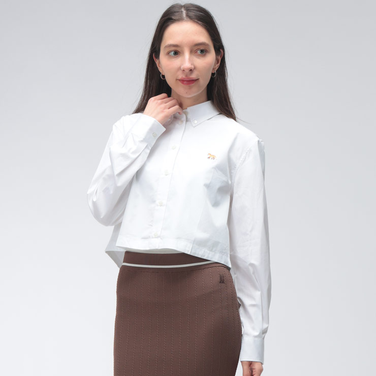 メゾン キツネ レディース シャツ 長袖 Maison Kitsune ロゴ ワンポイント ボタンダウン クロップド丈 シャツ BABY FOX CROPPED KNLW00402WC0026 ブランド トップス ホワイト｜大きいサイズのサカゼン