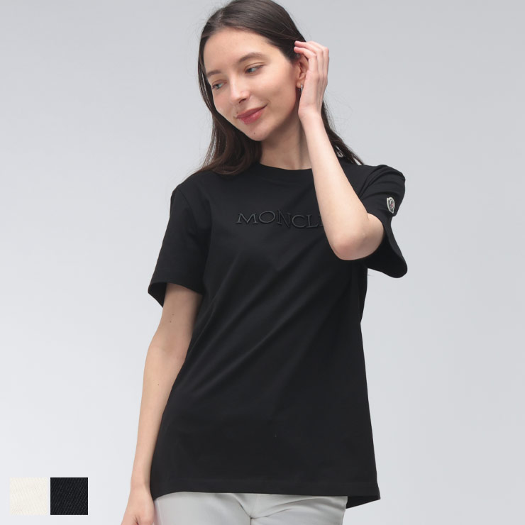 モンクレール レディース Tシャツ 半袖 MONCLER フロント 刺繍 ロゴ クルーネック コットン カットソー MCL8C0002189AUO ブランド トップス ホワイト ブラック