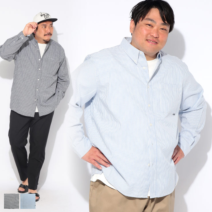 シャツ アンサンブル 長袖 メンズ 大きいサイズ チェック＆ストライプ ボタンダウン 長袖シャツ 半袖Tシャツ セット トップス レイヤード 重ね着 柄シャツ 春 夏 Natural Story 3L 4L 5L ブラック サックス