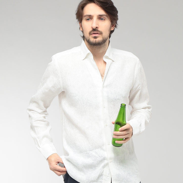 バルバ BARBA メンズ シャツ 長袖 麻100% ペイズリー柄 イタリアンカラー ドレスシャツ BARNSFR2P154062 ブランド トップス 総柄 フォーマル きれいめ リネン|大きいサイズのサカゼン