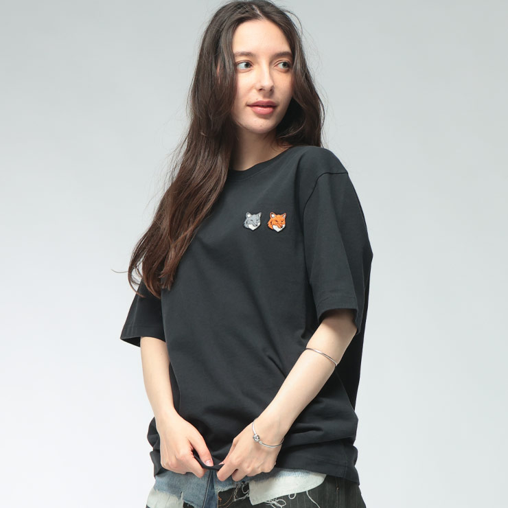 レディース Tシャツ 半袖 DOUBLE FOX HEAD キツネ 刺繍 クルーネック カットソー ブランド トップス コットン 春 夏 Maison Kitsune (メゾン キツネ) KNLM011CFKJ7025｜大きいサイズのサカゼン