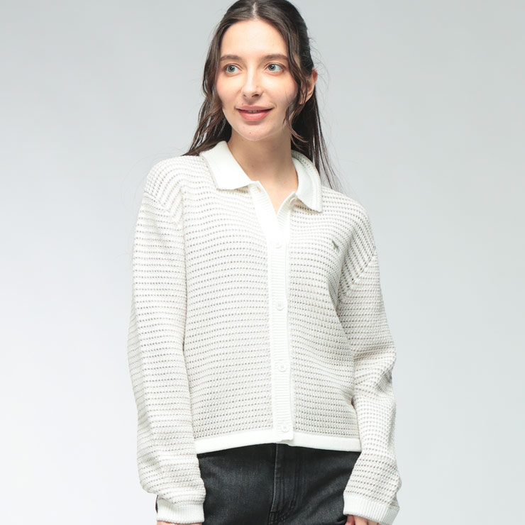 レディース カーディガン 長袖 LACE KNIT STRIPED ワンポイント 襟付き ニット ブランド トップス カーデ ボーダー 春 夏 Maison Kitsune (メゾン キツネ) KNLW00509KT1206｜大きいサイズのサカゼン