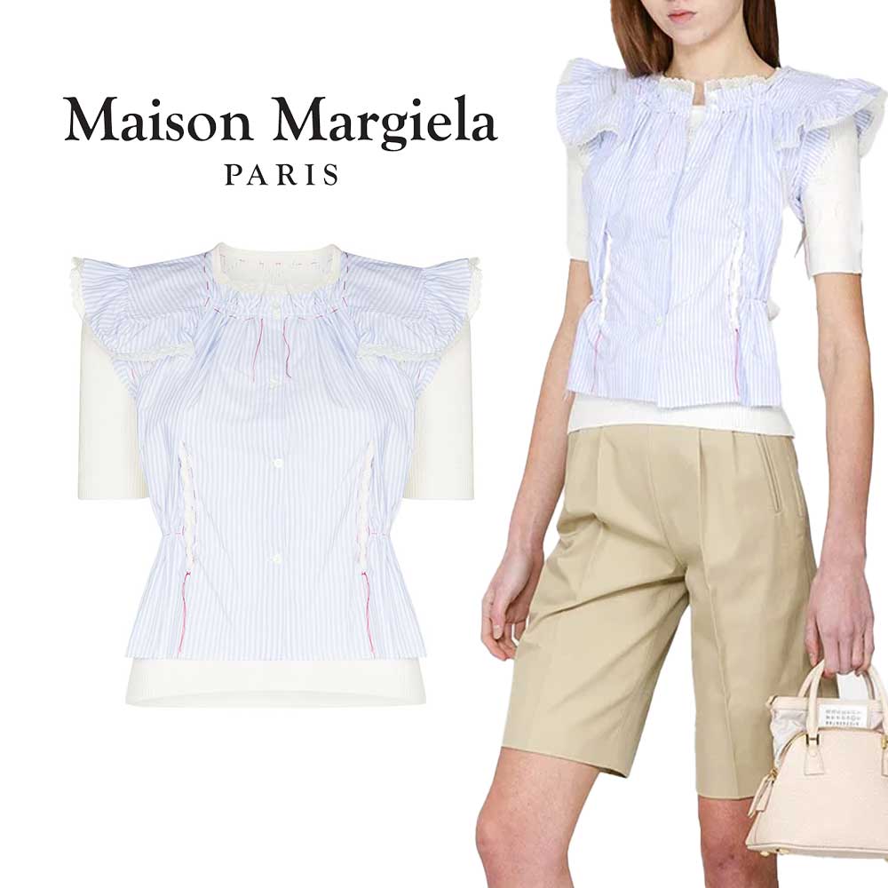 MAISON MARGIELA｜棲み家 マルジェラ ラッフル 編み物入り合わせる 縞模様 トップ S51HA1087 S17666 レディース流行り物【貨物輸送無料】【関税なし】【外国で通信販売】【置き目品】