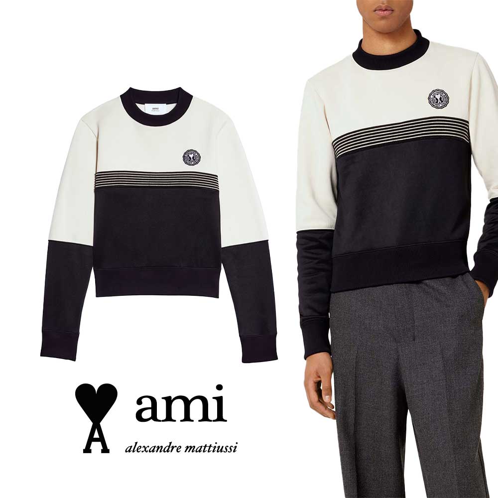 AMI PARIS｜意中の女パリス MEN\u0027S ロゴタイプ継ぎ切れ トレーナー HSW028.738【貨物輸送無料】【関税なし】【外国で通信販売】【定まり品】
