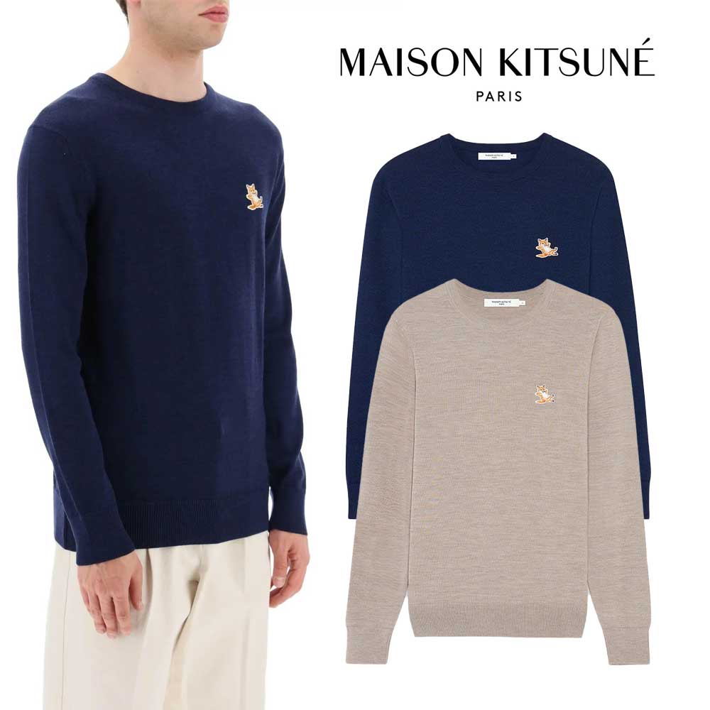 Maison Kitsune｜メゾンキツネ MEN\u0027S 稲荷 継ぎ切れ Rのど首 プルオーバー KM00501KT1036   編み物 メンズ流行り物 春 秋 【貨物輸送無料】【外国で通信販売】【定め事品】