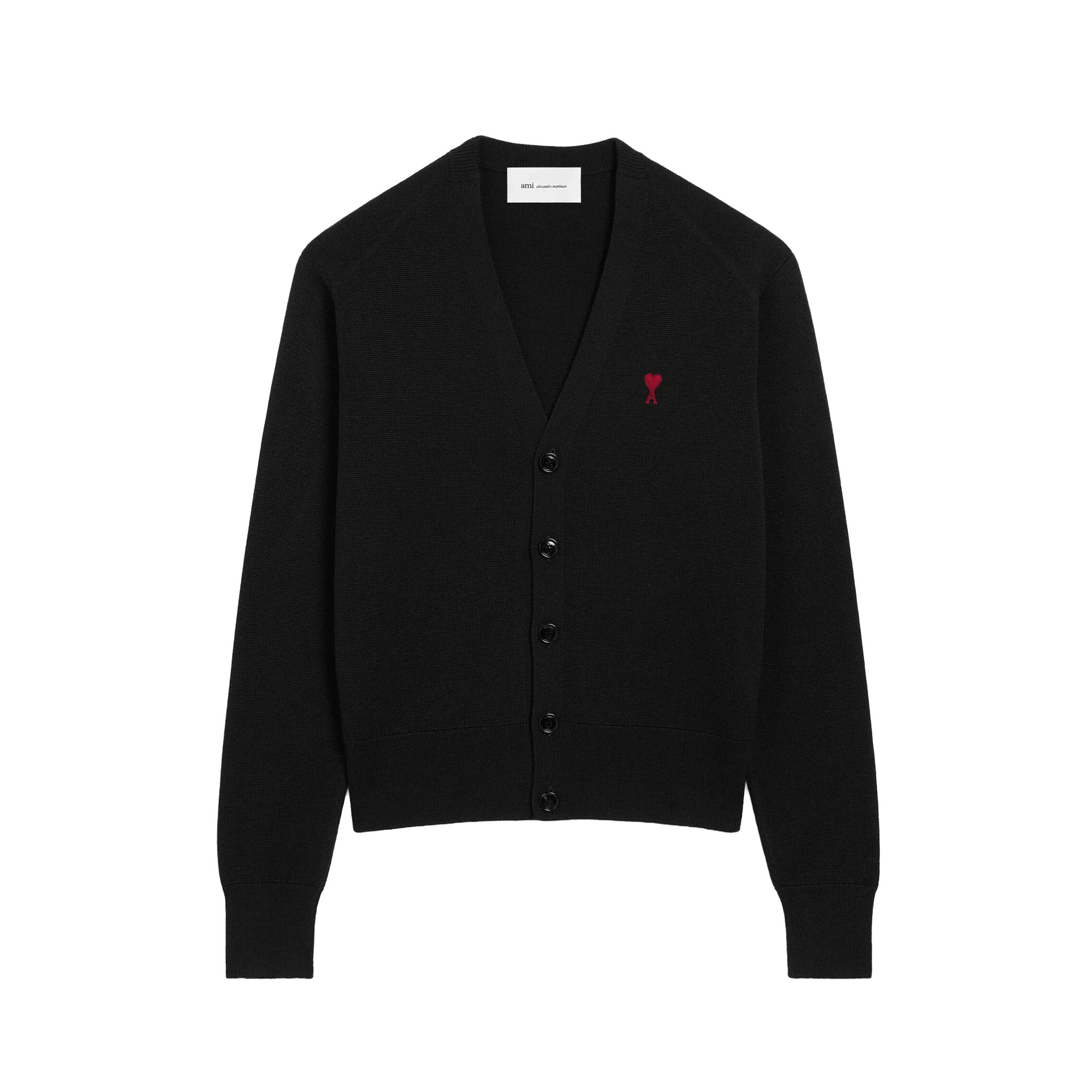 AMI PARIS｜意中の女光の都市 メリノウール ジレー Ami de Coeur 刺しゅう メンズ 編み物 羊毛100% 黒いこと 赤いこと HKC361 001 ポルトガル共和国製【貨物輸送無料】【外国で通信販売】【置き目品】
