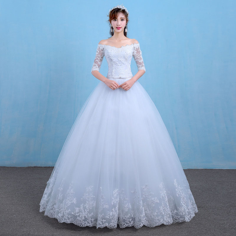 ウェディングドレス 二次会ドレス 結婚式 ブライダルドレス ロング丈 ロングドレス オフショルダー 5分袖 花嫁ドレス ウエディングドレス プリンセスラインドレス Aラインドレス オフホワイト 安い 前撮り 披露宴 エレガント 海外挙式 セミオーダー ボリューム クラシカル｜TWOCAT