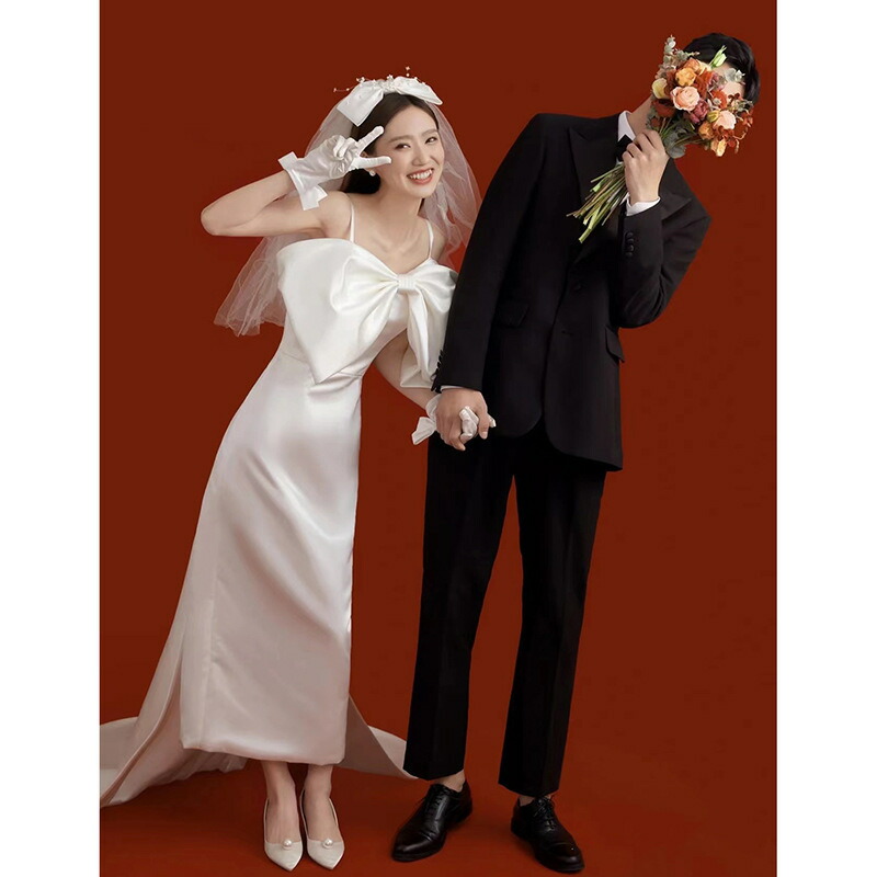 ウェディングドレス 結婚式 ロングドレス 二次会 花嫁 トレーンドレス 高級感 エレガント 吊りスカート wedding dress フォーマルドレス 海外挙式 パーティードレス ブライダル 蝶結び 撮影 食事会 女子会 成人式 お呼ばれ 謝恩会 卒業式 【XS~XL】|TWOCAT